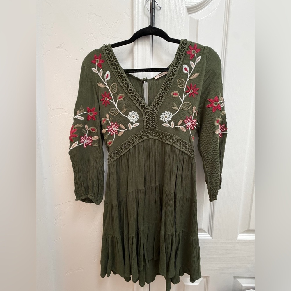 Mi Amore Olive Green Dress with Floral Embroidery